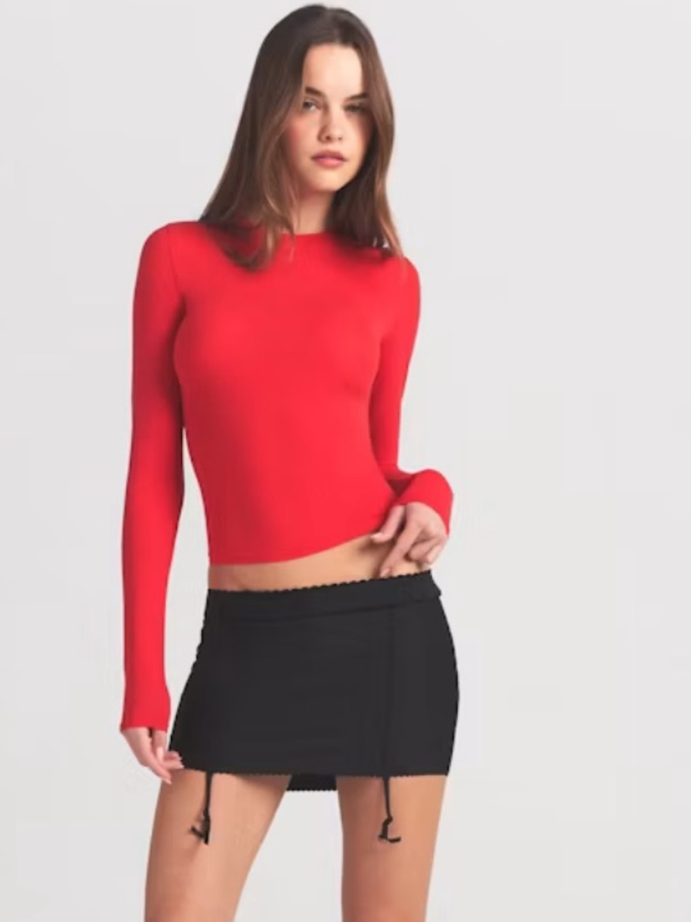 Skims Crew Neck Long Sleeve T-Shirt Fitted Red